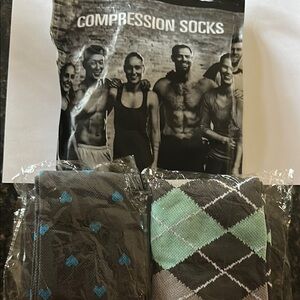 Compression Socks for women- Gray & Mint Argyle and blue with Blue hearts.